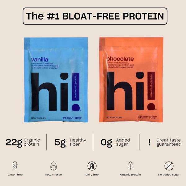 A clean, dual-product display highlighting product benefits and certifications through a minimalist, text-focused grid layout.